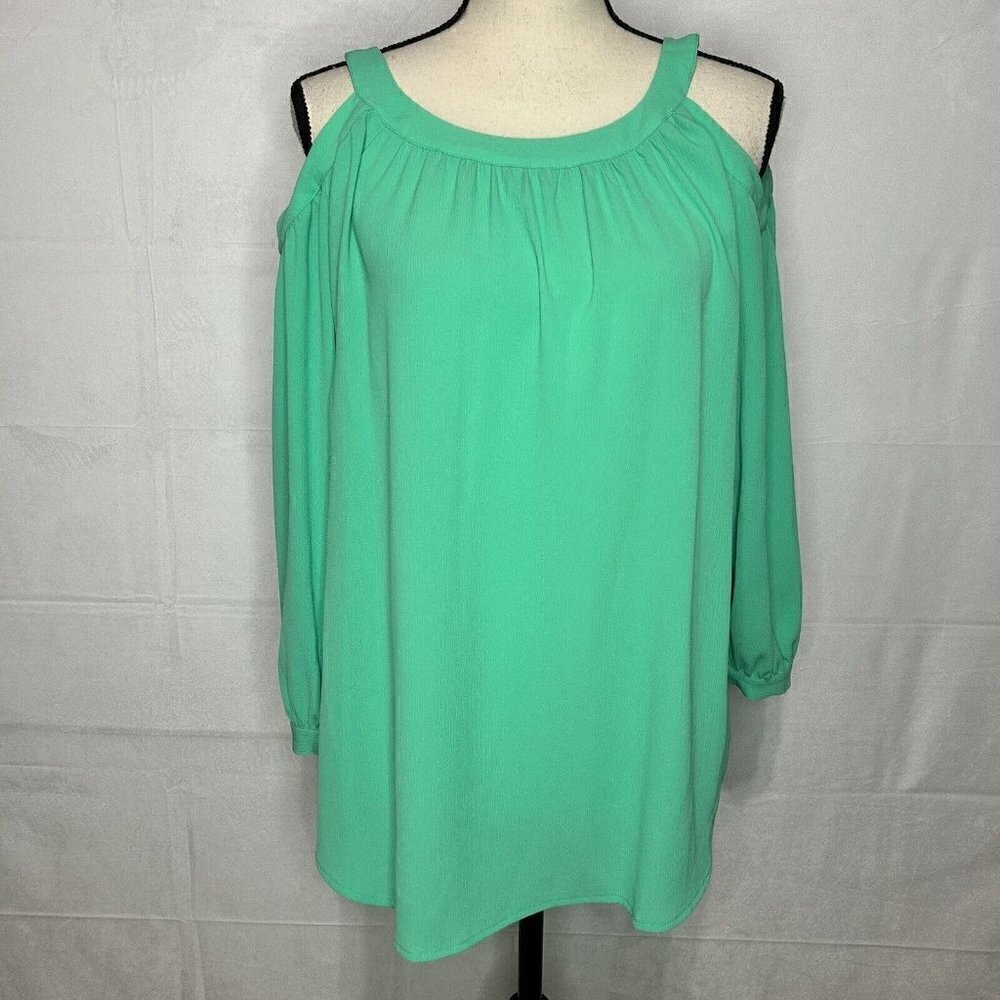 Kaari Blue Green Tie Neck 3/4 Sleeve Cold Shoulder Top Blouse Size M